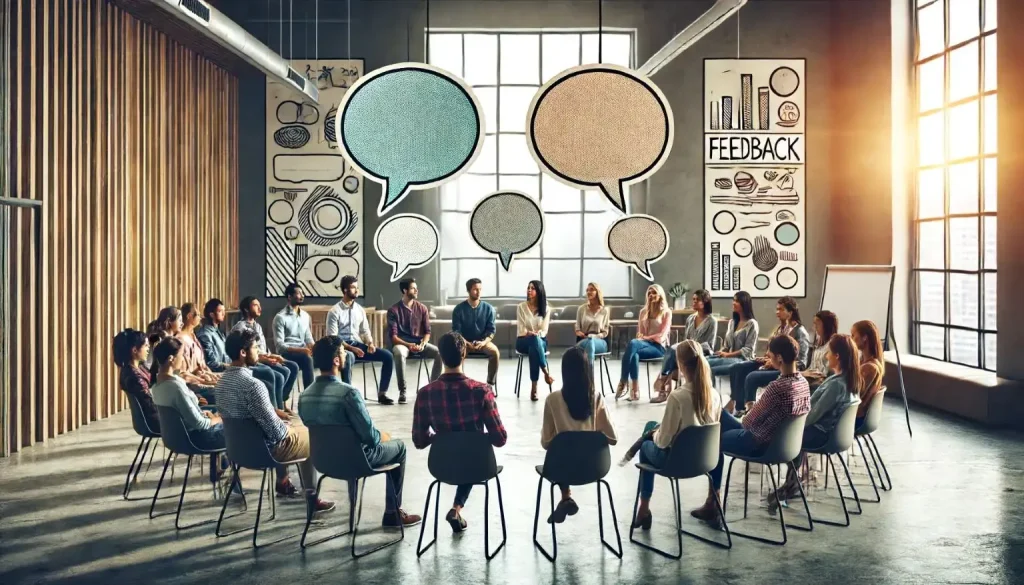 Eine Gruppe von Menschen sitzt im Kreis und nimmt an einer Feedback-Sitzung teil. Die Kulisse ist ein moderner Konferenzraum. Die Sprechblasen über den Menschen sind leer.